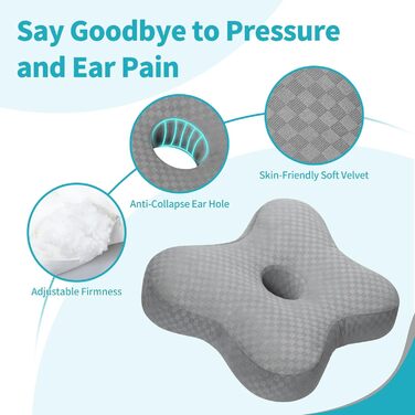 Подушка для пірсингу pozico з отвором подушка для вух для сну на боці подушка-пончик, що знімає тиск, від болю в вухах, пірсингу та хірургічних втручань чохол, який можна прати, регульований наповнювач 49x38x8 см сірого кольору