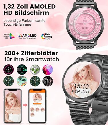 Розумний годинник для жінок, тонкий 1,32-дюймовий HD AMOLED сенсорний екран, чорний, сумісний з iOS та Android, 2 браслети, понад 100 спортивних режимів/калорій/сону/менструального циклу, браслет E-Noir