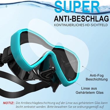 Набір для сноркелінгу, вдосконалена панорамна маска для сноркелінгу, водонепроникна маска для дайвінгу, захист від запотівання, загартоване скло із захистом від протікання, з 3-канальним преміальним сухим сноркелем для дорослих, водяно-зелений