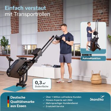 Гібридний гребний тренажер Skandika Nemo III Опір воді та магніту, 32 рівні електричного опору, 15 програм, до 200 см, сумісний із додатком, окремостоячий Водний гребний тренажер, домашнє фітнес-обладнання, дерев&39яний