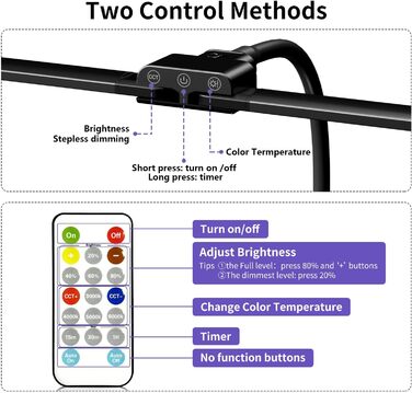 Настільна лампа KableRika LED з регулюванням яскравості з дистанційним керуванням настільна лампа з подвійною головою затискна - Захист очей Офісна настільна лампа для домашнього офісу - Лампа денного світла Настільне освітлення для монітора Чорний
