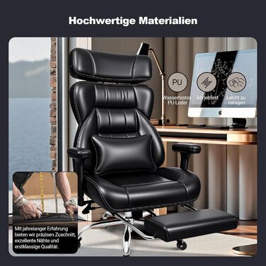 Офісне крісло BASETBL 200 кг, крісло керівника з 4-рівневою газовою пружиною, 3D-підлокітники, регульована поперекова опора та підголівник, тихі гумові ролики, широке сидіння XXL, EN12520, ергономічне офісне крісло