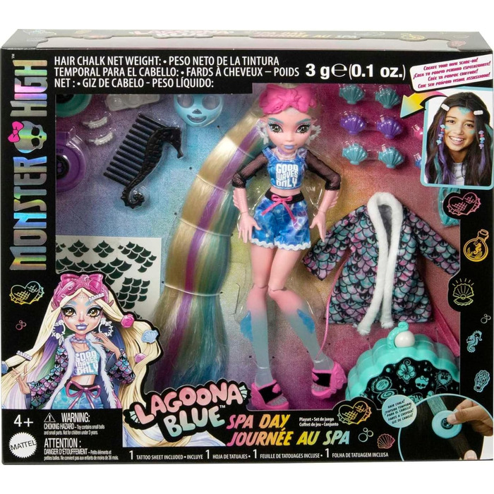 Лялька Monster High, набір для спа-дня Lagoona Blue з аксесуарами Wear and Share, такими як шпильки для волосся, крейда для волосся та татуювання (HKY69)
