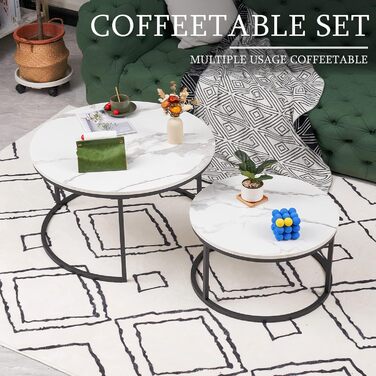 Комплект із 2 круглих журнальних столиків, білий мармуровий журнальний столик з чорною металевою рамою, круглий бічний столик, сучасний столик для вітальні, вбудовані столики для вітальні, спальні, балкону, білий та чорний