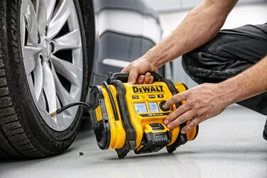 Акумуляторний компактний компресор Dewalt (підключення 12 В або акумулятор 18 В, 11 бар, для велосипедних та автомобільних шин, інвалідних візків, надувних човнів, повітряних подушок та матраців, включаючи аксесуари, без акумулятора та зарядного пристрою)