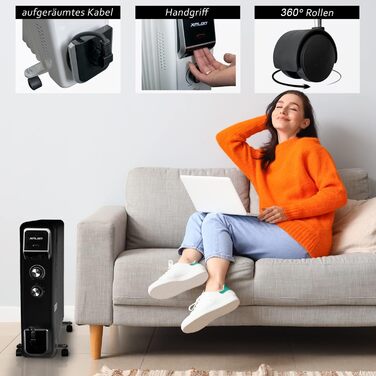 Масляний радіатор 2500 Вт з 3 режимами нагріву Термостат 11-реберний електричний нагрівальний елемент Енергозберігаючий масляний радіатор Захист від перегріву Електричний нагрівач Режим ECO 1000 1500 (чорний)