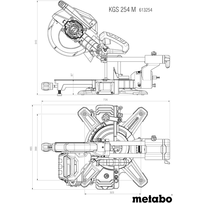 Торцювальна пила Metabo KGS 254 M - 613254000 - з лінією Precision Cut Line, пиляльним диском 254 мм і функцією протягування - довжина кабелю 2 м