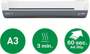 Ламінатор Leitz iLAM Home A3, для ламінувальних пакетів товщиною від 75 до 125 мікрон, час прогріву 3 хвилини, стартовий комплект із 5 пакетами, ідеально підходить для використання вдома, в офісі та школі, білий, 74320001 A3 Single