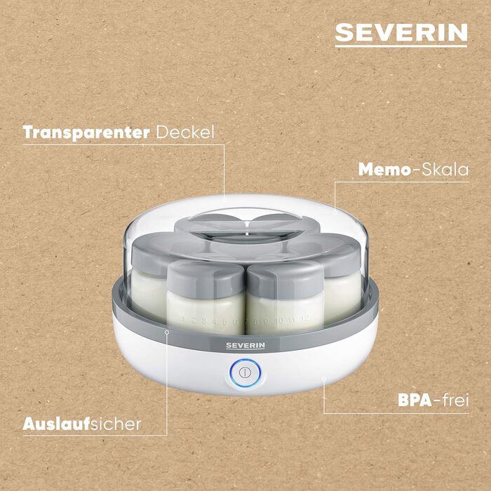 Йогуртниця SEVERIN, йогуртова машина з дисплеєм часу для приготування домашнього та веганського йогурту, містить 14 баночок для йогурту зі скляною кришкою, без BPA, JG 3520 з кнопкою