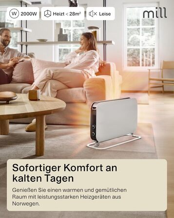 Електричний радіатор Mill 2000 Вт, Електричний конвекторний обігрівач 24-28 м, Окремостоячий електричний обігрівач, Тихий електричний обігрівач, Електричний радіатор з термостатом, Електричний обігрівач для використання в приміщенні, Білий, 24-28 м MEC