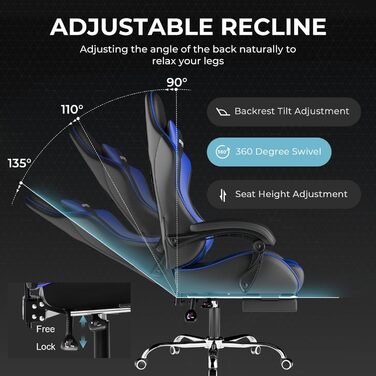 Ігрове крісло GTPLAYER, офісне крісло, масажне ігрове крісло, ергономічне ігрове крісло з підставкою для ніг, підголівником, масажною подушкою для попереку, м&39яке ігрове крісло, обертове крісло, синє ігрове штучне шкіряне крісло