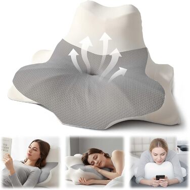Ергономічна подушка для шиї OKYUK 4 в 1 з двозонним дизайном, подушка з піни з ефектом пам&39яті зі знімною наволочкою для сну на боці, спині та животі (сіро-біла)