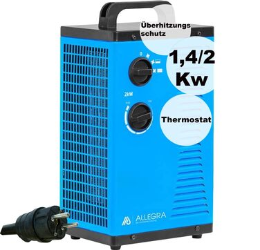Електричний вентилятор-обігрівач ALLEGRA AB-H22 Електричний вентилятор-обігрівач потужністю 2 кВт з керамічним PTC, 3 швидкості (1400 Вт / 2000 Вт/вентилятор), термостат 030 C, IP24, 230 В компактний для майстерні, гаража та підвалу