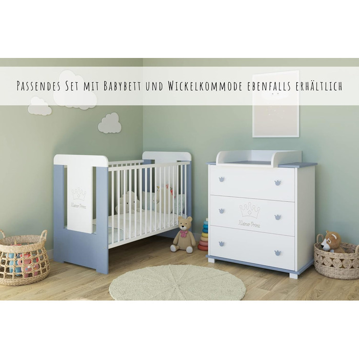 Дитяче ліжечко Kids Collective з матрацом та гравіюванням &quotМаленький принц&quot 60x120, регульована висота Знімні прути, білий колір для хлопчика, зроблено в Європі Від народження до 3 років, 60 x 120 см синій матрац