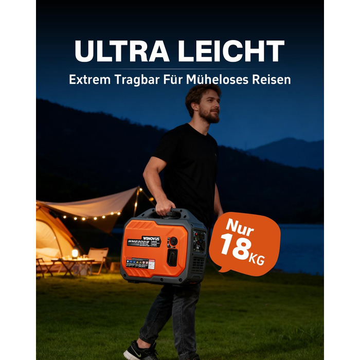 Надзвичайно тихий портативний 4-тактний генератор потужністю 1900 Вт з розеткою 230 В та USB-інвертором, бензиновий аварійний генератор для резервного живлення під час відключення електроенергії, ідеально підходить для кемпінгу, караванів, автофургонів та