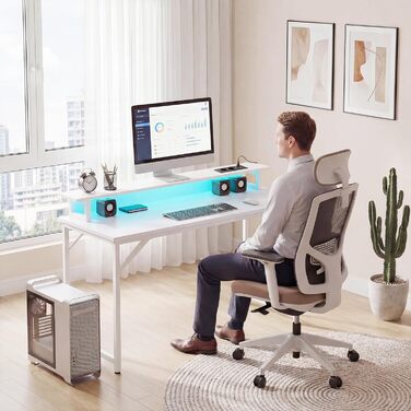 Комп&39ютерний стіл, ігровий стіл 120x50 см з RGB LED-підсвічуванням, стіл з розеткою, комп&39ютерний стіл з підставкою для монітора, маленький стіл для невеликих приміщень, кабінет, спальня, офіс, білий, 120 см