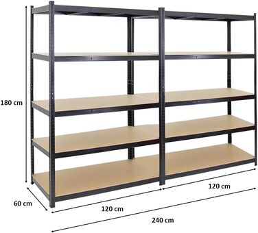 Міцний стелаж Taurus Black 180x120x60 см з вантажопідйомністю 175 кг Стелаж для підвалу, стелаж без болтів, гаражний стелаж, стелаж для зберігання 2-елементний - 180x120x60 см Чорний, 2 шт.