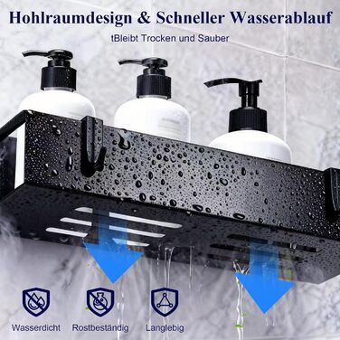 Полиці для душу без свердління, чорні, водостійкий органайзер для ванної кімнати, полиця для шампуню та гелю для душу, кошик для душу з матового чорного металу з тримачем та 4 гачками, 2