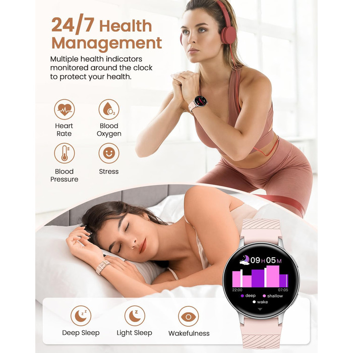 Жіночий круглий смарт-годинник, фітнес-годинник з функцією телефону, 24-годинний монітор серцевого ритму, відстеження SpO2, відстеження менструального циклу, понад 120 спортивних режимів, відстеження сну, водонепроникність IP68, крокомір, сумісний з iOS/A
