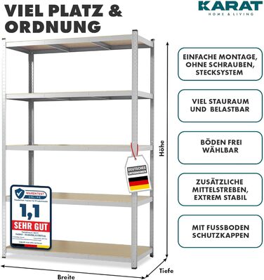 Надміцний стелаж KARAT, 180 x 90 x 60 см, безболтовий стелаж, підвальний стелаж, металевий стелаж - виготовлений зі сталі - 5 регульованих полиць (оцинкованих) 180 x 90 x 60 см сріблястий
