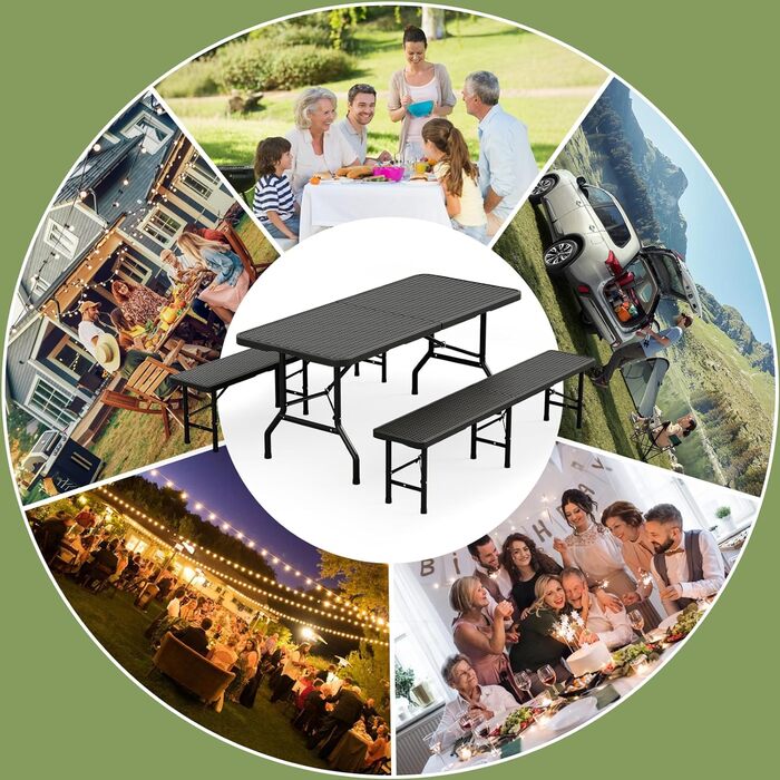 Набір для пивного саду, 3 предмети, 1 пивний стіл 2 пивні лавки, складаний набір для пивного саду з ручками для перенесення, комплект пивних столів 180 см з ротанговим ефектом, водонепроникний, чорний. 1 пивний стіл 2 пивні лавки, чорний.