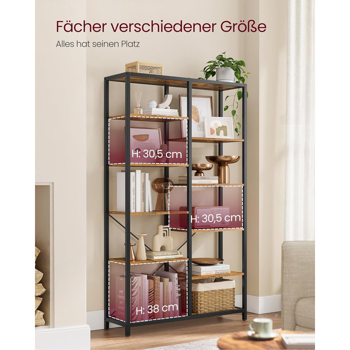 Ярусна книжкова полиця VASAGLE, окремостояча, для вітальні, ванної кімнати, кухні, коридору, легке складання, вінтажний коричнево-чорний колір LLS155B01 Рустикальний коричневий чорний, 5-