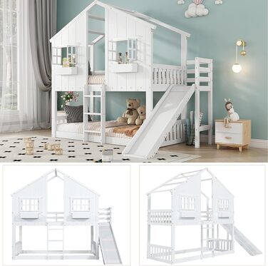 Дитяче двоярусне ліжко 90x200, ліжко-горище, ліжко-будиночок з гіркою, драбиною, вікнами, дахом та ящиком для зберігання, двоярусне ліжко, дерев&39яне ліжко, дитяче ліжко з рейковою основою та поручнями, сосна, без матраца, білий колір