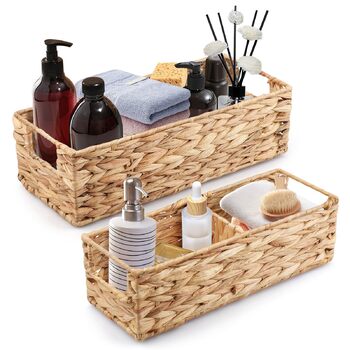 Комплект із 2 плетених кошиків для зберігання, невеликі прямокутні полиці-кошики з відділеннями, декоративний поличний кошик, коробка для зберігання у ванну кімнату, вітальню, полиця для бачка унітазу