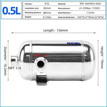 Міні-невеликий портативний повітряний бак високого тиску з нержавіючої сталі Резервуар для зберігання води з повітряним резервуаром (0,8 л-SG) (0,5 л-SG), 304