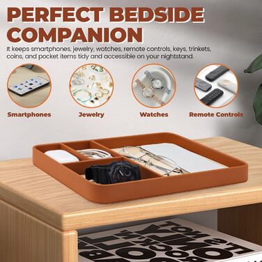 Чоловічий органайзер для столу, 4 відділення, високоякісна штучна шкіра, лоток для всіх тумбочок, тумбочки біля ліжка, кешбек для ключів, годинника, телефону, ювелірних виробів, EDC, коричневий
