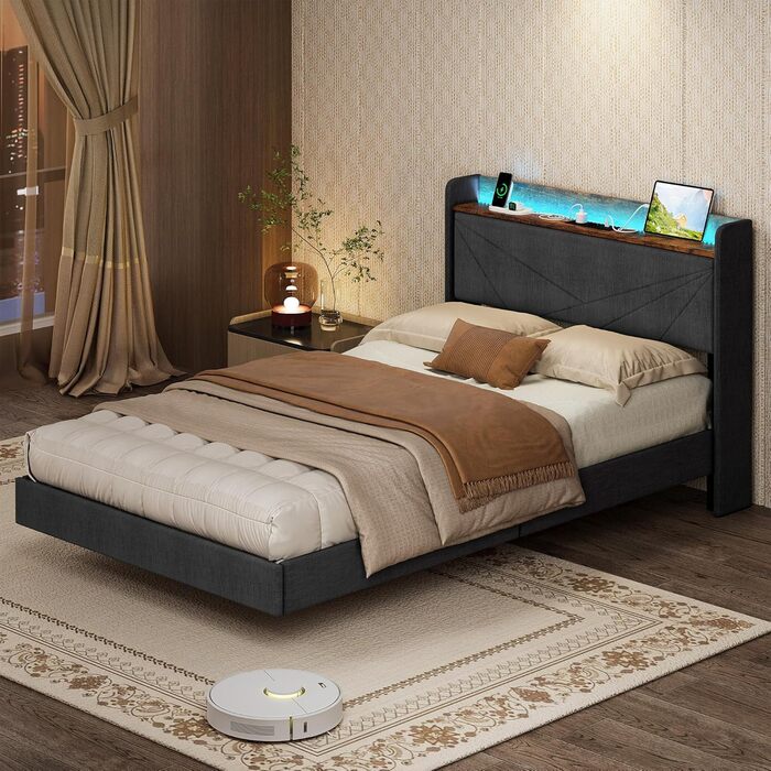 М&39яке ліжко IRONCK 120x200 см, Ліжко 120x200 зі світлодіодним освітленням та зарядною станцією (2 розетки змінного струму, порти USBType-C), Каркас ліжка з місцем для зберігання, Плаваюче односпальне ліжко з рейковою основою, Льняне, Сірий 120 x 200 см