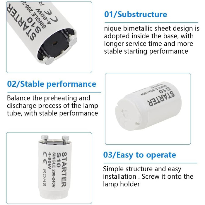 Стартер для люмінесцентних ламп S10 starter longlife 4-80 Вт 200-240V Стартер для люмінесцентних ламп індивідуальне перемикання люмінесцентних ламп, 12 шт.