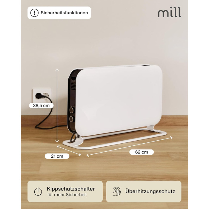 Електричний радіатор Mill 2000 Вт, Електричний конвекторний обігрівач 24-28 м, Окремостоячий електричний обігрівач, Тихий електричний обігрівач, Електричний радіатор з термостатом, Електричний обігрівач для використання в приміщенні, Білий, 24-28 м MEC