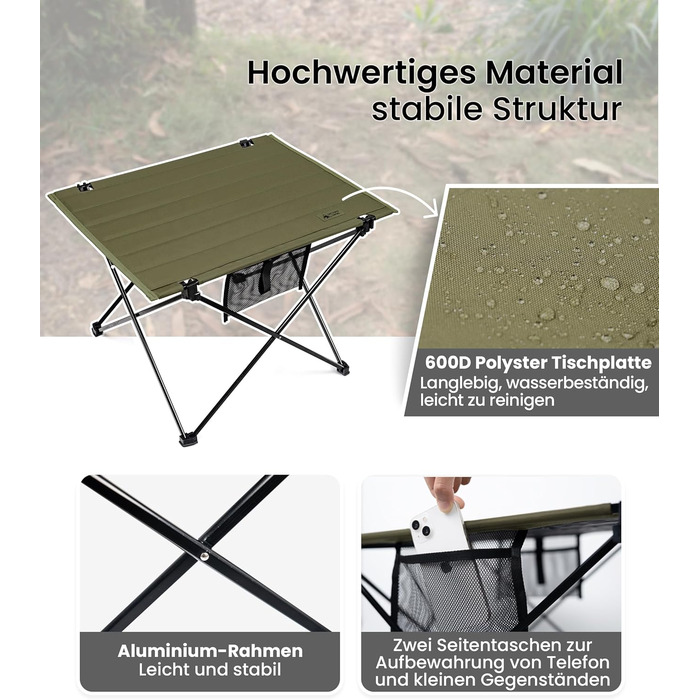Складаний кемпінговий стіл OneTigris CAMPMATE, маленький складаний стіл, надлегкий портативний вуличний стіл, складний стіл, вантажопідйомність до 30 кг для використання на свіжому повітрі, походи, зелений рейнджер
