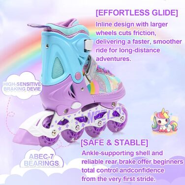 Роликові ковзани для дітей, дівчаток та хлопчиків, райдужний дизайн, дитячі роликові ковзани 4 розмірів для використання в приміщенні та на вулиці, розмір S (EU 28-31), фіолетовий