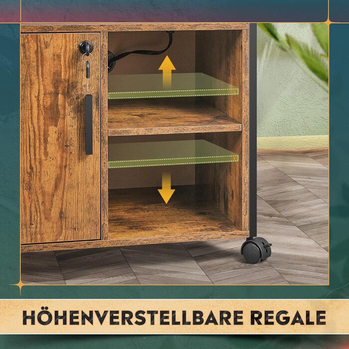 Стіл для принтера DEVAISE із зарядною станцією, мобільна підставка з колесами та відкритими полицями, шафа для принтера, що замикається, для офісу та домашнього офісу, ретро-коричневий