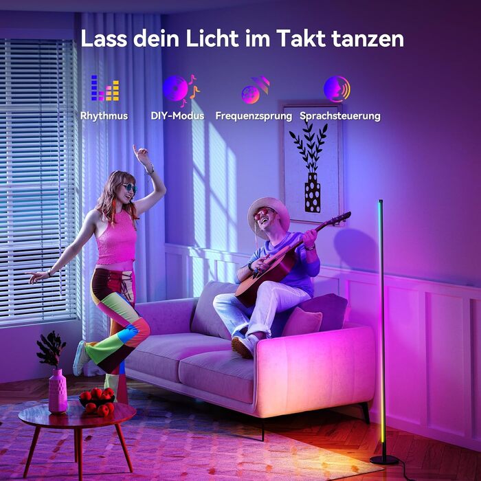Набір з 2 RGB LED торшерів для вітальні (160 см) димовані підлогові світильники з пультом та керуванням через додаток, музичні та DIY-режими, таймер для спальні та геймінгу