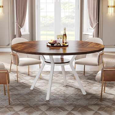 Круглий обідній стіл Tribesigns для 4 осіб, круглий обідній стіл 120 см з металевою основою, кухонний стіл з полицею для зберігання для дому, їдальні, вітальні, білий (коричневий)