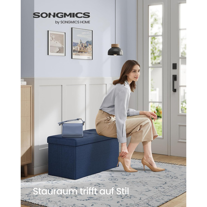 Пуф для зберігання SONGMICS, Складана лавка, Пуф для ніг 38 x 76 x 38 см, Коробка для зберігання, Вантажопідйомність до 300 кг, для вітальні, спальні, коридору, Темно-синій SPF 47IN 76B см Темно-синій