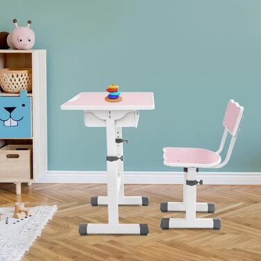 Дитячий письмовий набір, дитячий стіл з регульованою висотою (стіл 64-76 см, стілець 36-42 см), стіл з гачками, шухлядою та лотком для ручок для дітей віком 3-18 років, навчання письму та малюванню (рожевий, білий)