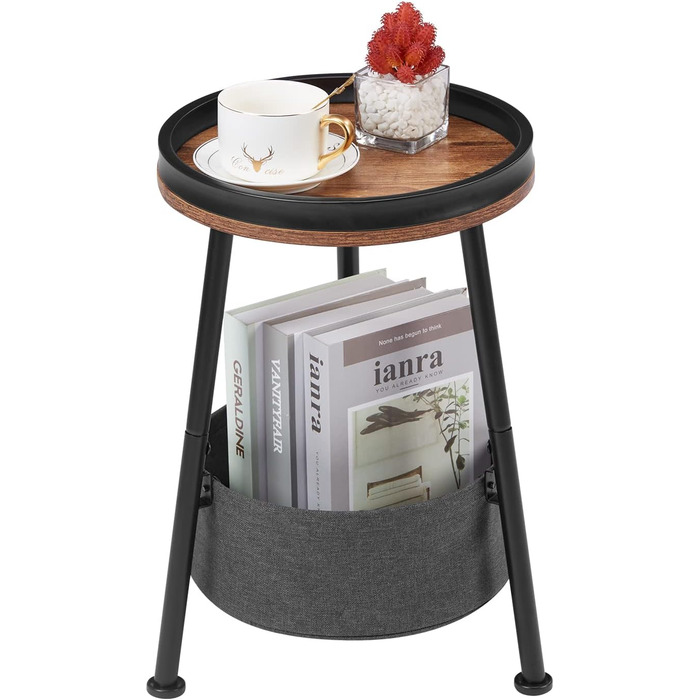 Невеликий круглий журнальний столик із сумкою для зберігання, двоярусний журнальний столик із кошиком для зберігання, кругла тумбочка для використання в приміщенні/на вулиці (коричневий чорний)
