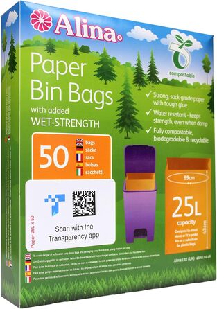 Компостований паперовий пакет для сміття з педаллю/підкладка для харчових контейнерів/біорозкладний паперовий пакет об&39ємом 25 літрів, коричневий (50 пакетів)