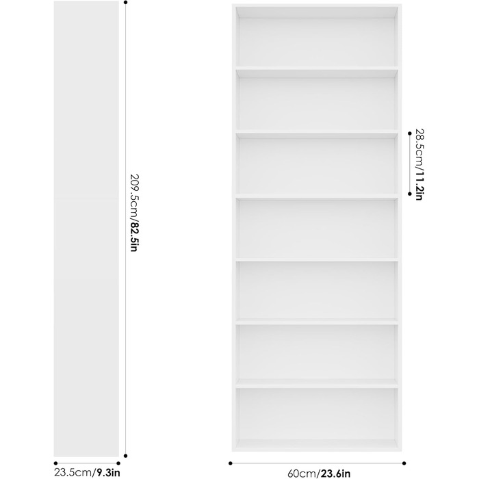 Книжкова полиця FirFurd, полиця з 7 відділеннями, книжкова шафа, окремостояча полиця, полиця для зберігання, для вітальні, офісу, спальні, 209,5 x 60 x 23,5 см, білий