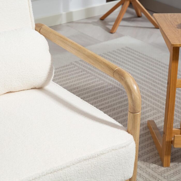 Крісло HOMCOM Крісло для вітальні з підлокітниками, дерев&39яні ніжки, велике та товсте сидіння, крісло-реклама Крісло для читання з декоративною подушкою, вигляд букле, м&39яке крісло для спальні білого кольору