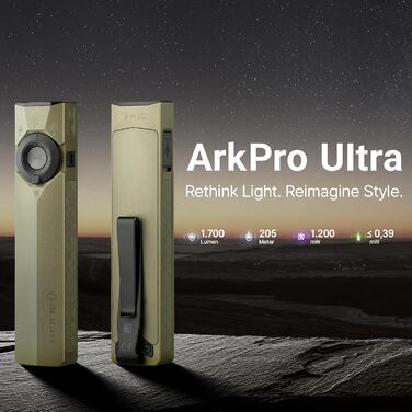 Ультрасвітлодіодний ліхтарик OLIGHT ArkPro з ультрафіолетовим та зеленим світлом, 1700 люмен, міцний плоский ліхтарик з чистим білим світлом, магнітне або USB-C підключення для використання на вулиці, водонепроникний IPX7, зелений колір