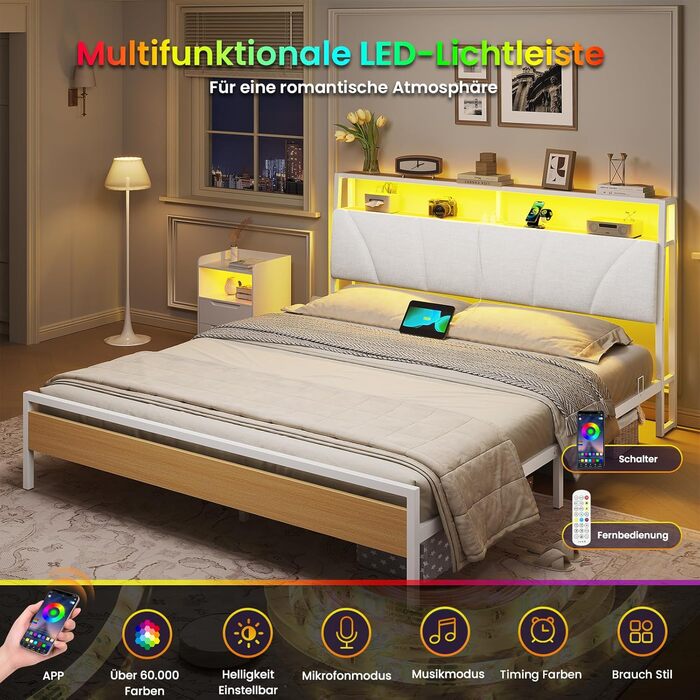 Ліжко 180x200 з металевою рейковою основою, двоспальне ліжко 180x200 см зі світлодіодним підсвічуванням, каркас ліжка 180x200 см з узголів&39ям та зарядною станцією (2 розетки змінного струму, 2 USB-порти) Сучасне, Білий Білий 180x200см