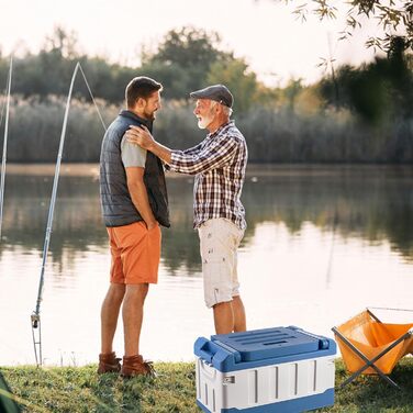 Ящик для рибальських снастей з аксесуарами, рибальське крісло, ящик для снастей, органайзер для зберігання на відкритому повітрі, портативний та складаний - 3-в-1 автомобільний рибальський ящик, велика місткість, двошарові аксесуари, синій та білий