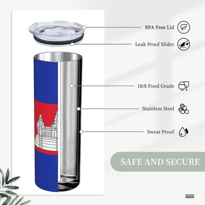 Кухоль з прямою трубочкою, дизайн камбоджійський прапор, друкований, дорожній кухоль, підходить для кемпінгу, офісу та дому, 590 мл