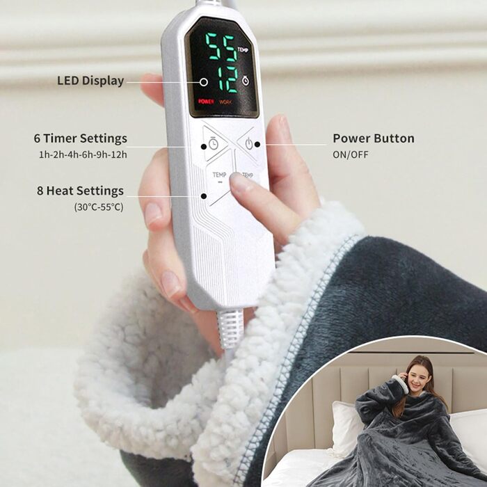 Підігріта ковдра, портативна підігріта ковдра з рукавами та кишенею для ніг з 6 регульованими налаштуваннями температури, автоматичним вимкненням через 2-10 годин, швидким розігрівом, ідеально підходить як подарунок для родини та