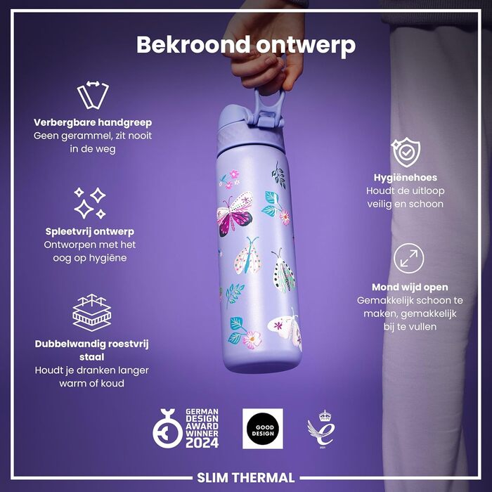 Пляшка для води ion8, 500 мл, герметична, відкривається однією рукою, надійний замок, можна мити в посудомийній машині, без BPA, ручка для перенесення, відкидна кришка, легко миється, кліматично нейтральна, світло-фіолетовий метелик, ізольована сталь